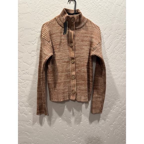 Monrow Knit Button Front Mock Neck Cardigan Coastal Grandma, LG Brown - Picture 1 of 5